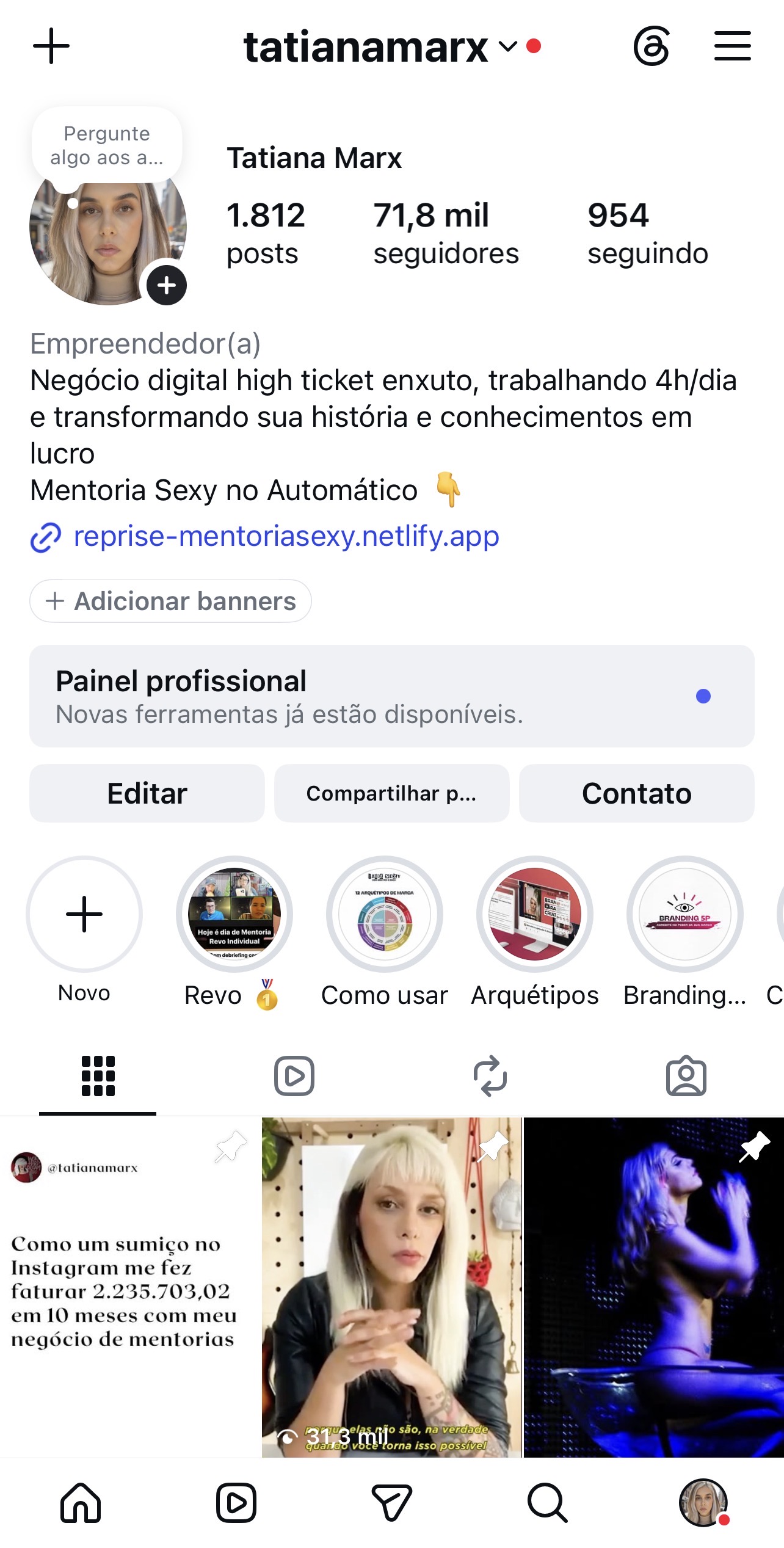 Perfil do Instagram de Tatiana Marx com prova social e conteúdo de mentoria