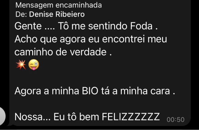 Depoimento dizendo que encontrou seu caminho e que a bio ficou com sua cara