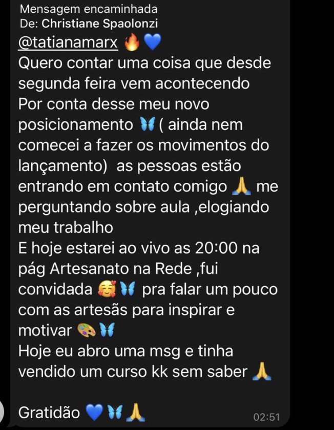 Depoimento sobre novo posicionamento gerando contatos, convite e venda de curso