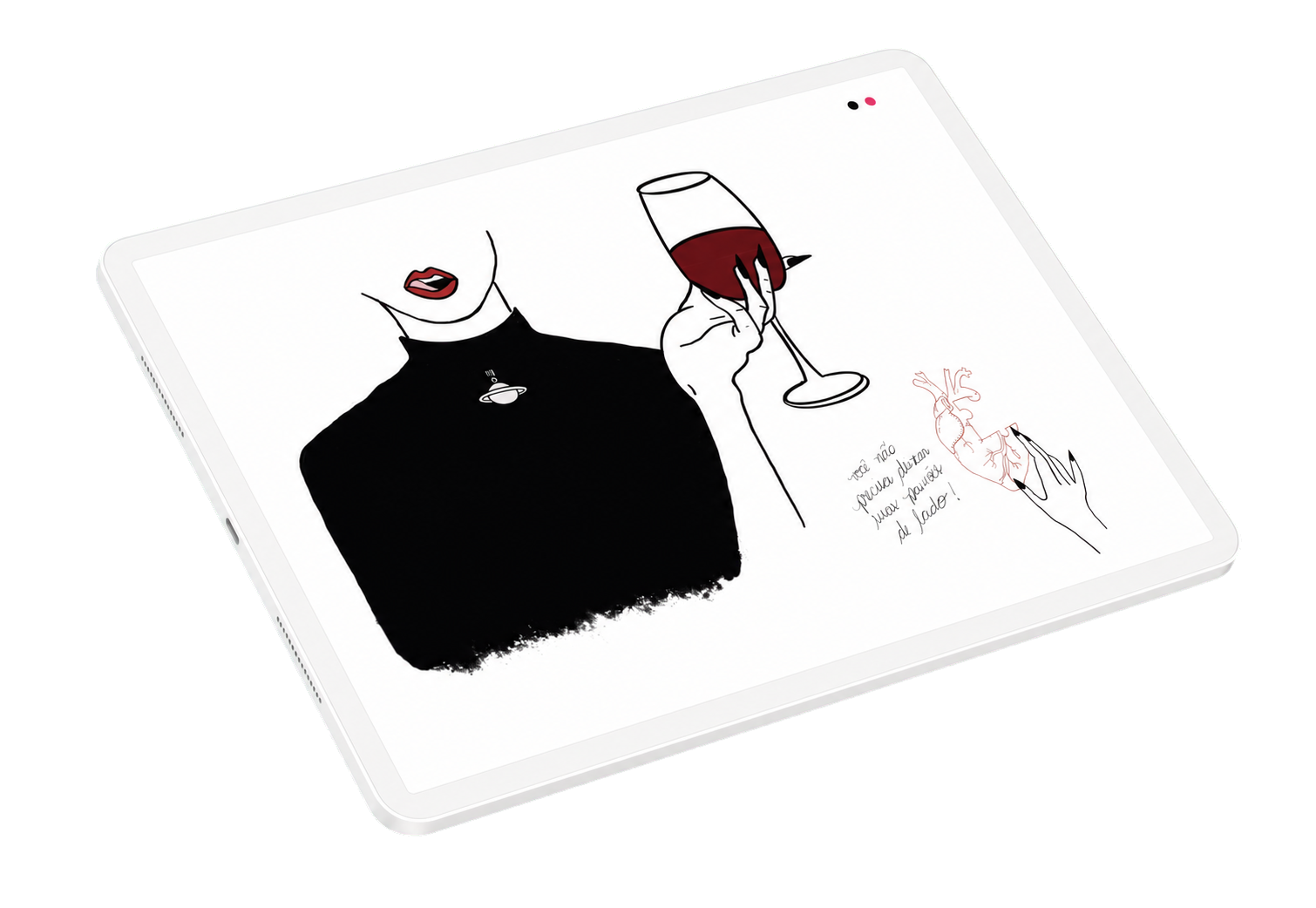 Tablet com ilustração autoral de mulher segurando uma taça de vinho