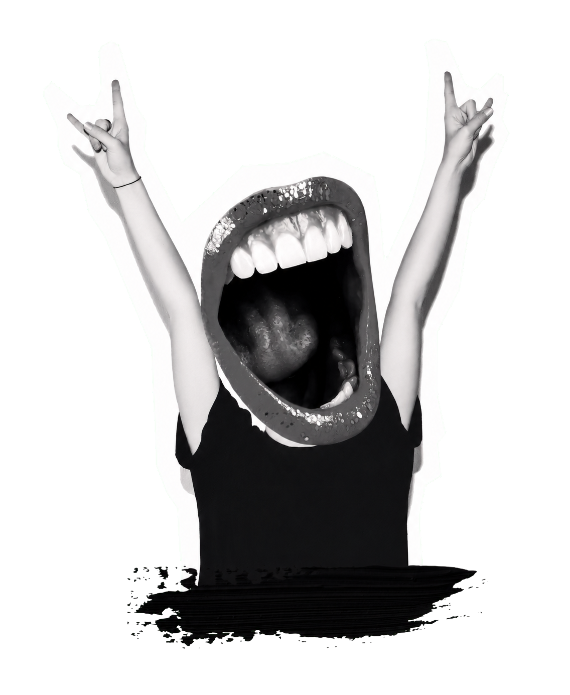 Colagem em preto e branco expressando energia, voz e rebeldia