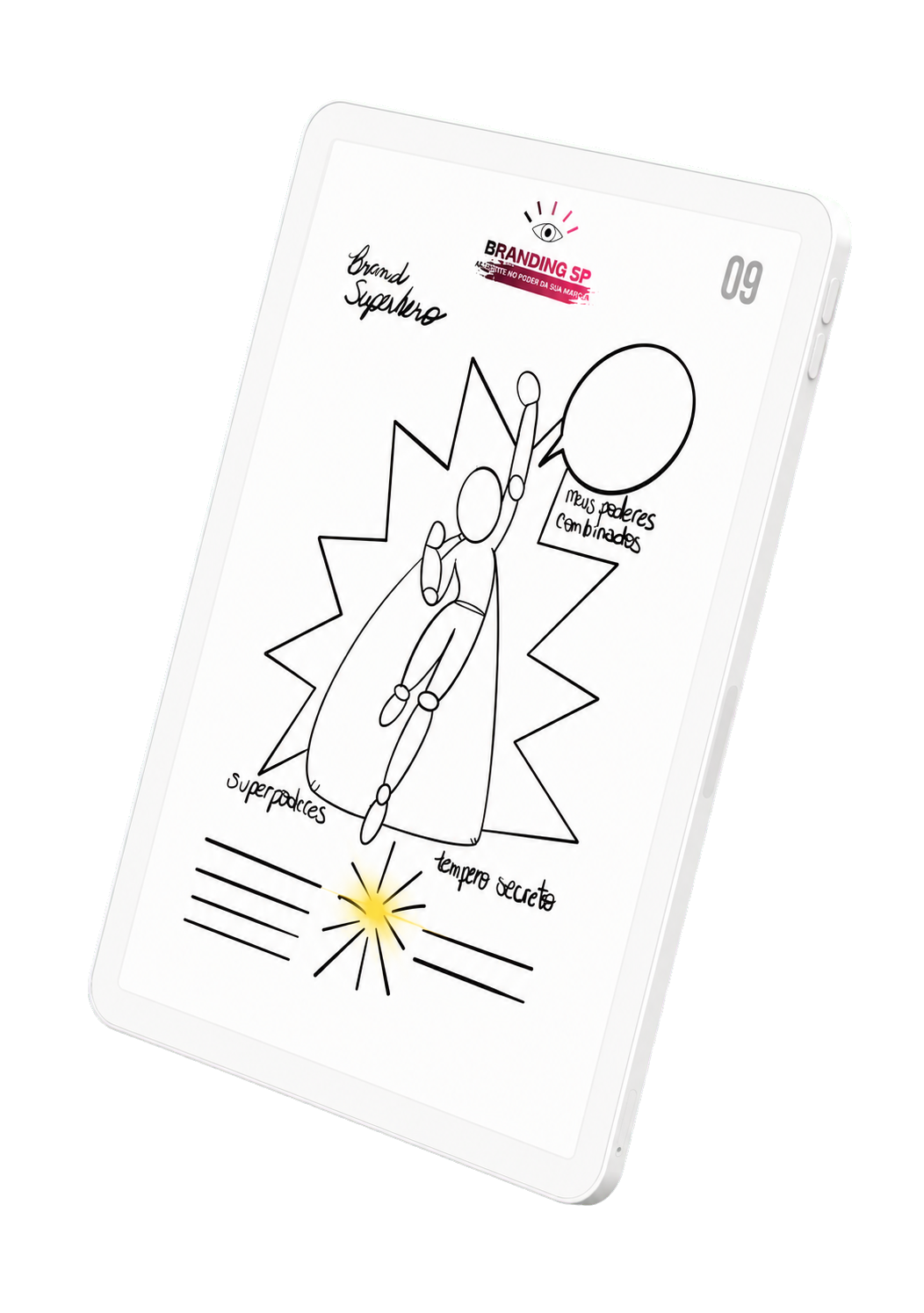 Tablet inclinado mostrando a etapa Brand SuperHero do Branding 5P