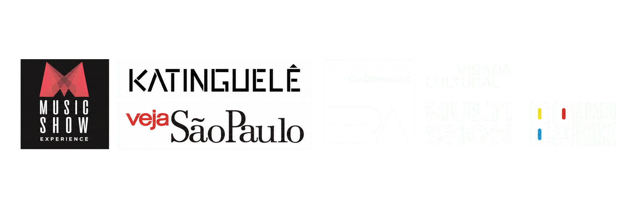 Logos de Music Show Experience, Katinguelê, Veja São Paulo, Panamericana OnDemand, Virada Cultural, Multishow e 89 FM